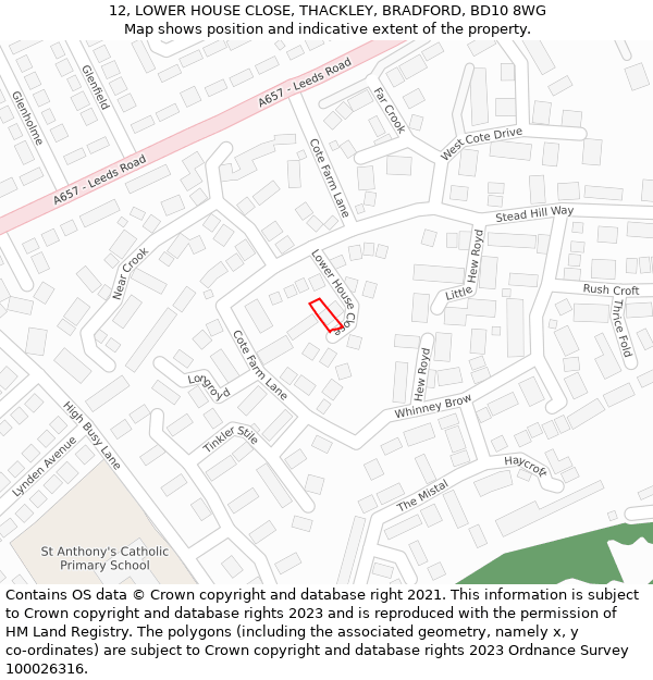 12, LOWER HOUSE CLOSE, THACKLEY, BRADFORD, BD10 8WG: Location map and indicative extent of plot