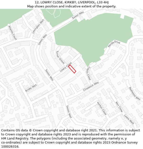 12, LOWRY CLOSE, KIRKBY, LIVERPOOL, L33 4HJ: Location map and indicative extent of plot