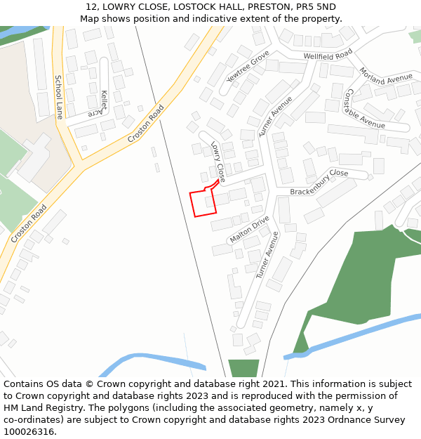 12, LOWRY CLOSE, LOSTOCK HALL, PRESTON, PR5 5ND: Location map and indicative extent of plot