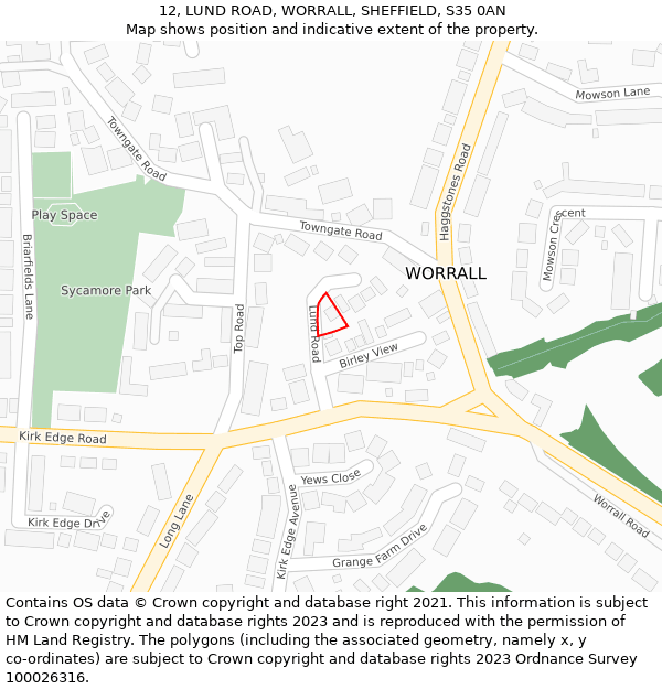 12, LUND ROAD, WORRALL, SHEFFIELD, S35 0AN: Location map and indicative extent of plot