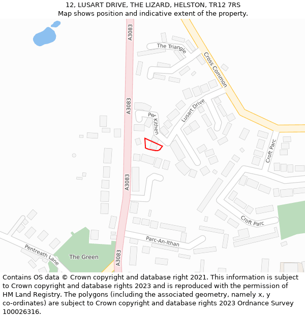 12, LUSART DRIVE, THE LIZARD, HELSTON, TR12 7RS: Location map and indicative extent of plot
