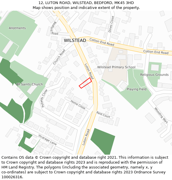 12, LUTON ROAD, WILSTEAD, BEDFORD, MK45 3HD: Location map and indicative extent of plot