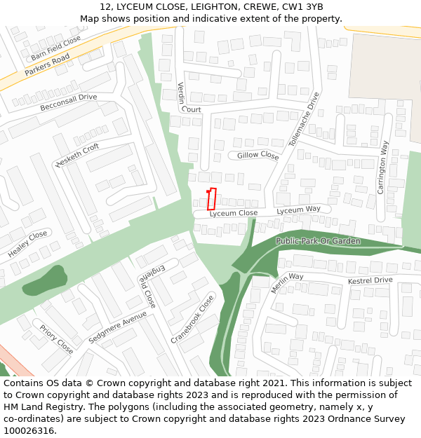 12, LYCEUM CLOSE, LEIGHTON, CREWE, CW1 3YB: Location map and indicative extent of plot