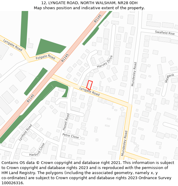 12, LYNGATE ROAD, NORTH WALSHAM, NR28 0DH: Location map and indicative extent of plot