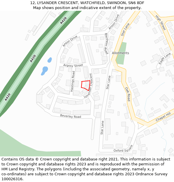 12, LYSANDER CRESCENT, WATCHFIELD, SWINDON, SN6 8DF: Location map and indicative extent of plot