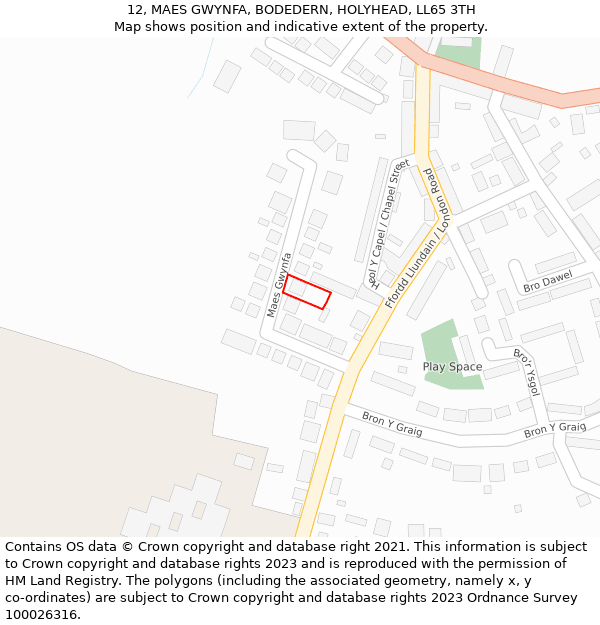 12, MAES GWYNFA, BODEDERN, HOLYHEAD, LL65 3TH: Location map and indicative extent of plot