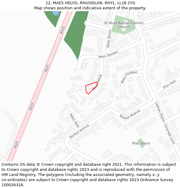 12, MAES HELYG, RHUDDLAN, RHYL, LL18 2YG: Location map and indicative extent of plot