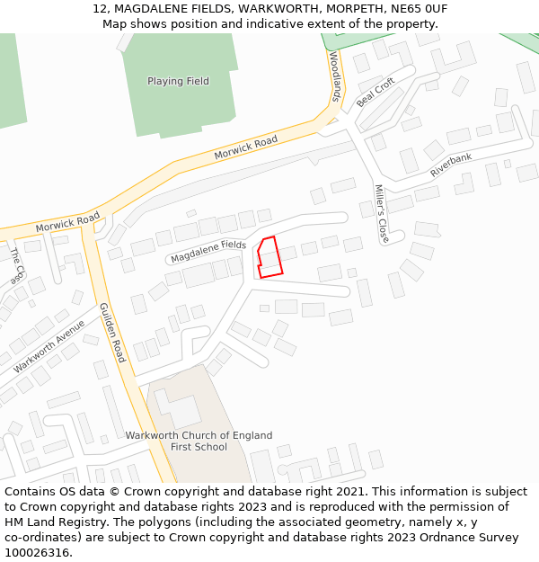 12, MAGDALENE FIELDS, WARKWORTH, MORPETH, NE65 0UF: Location map and indicative extent of plot