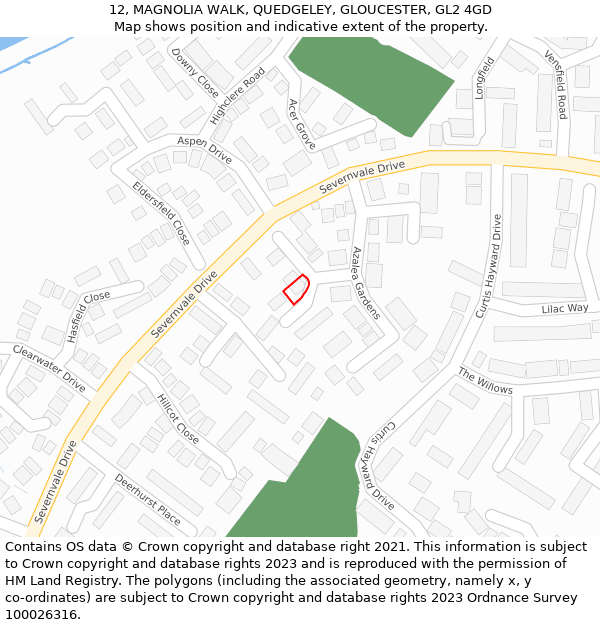 12, MAGNOLIA WALK, QUEDGELEY, GLOUCESTER, GL2 4GD: Location map and indicative extent of plot