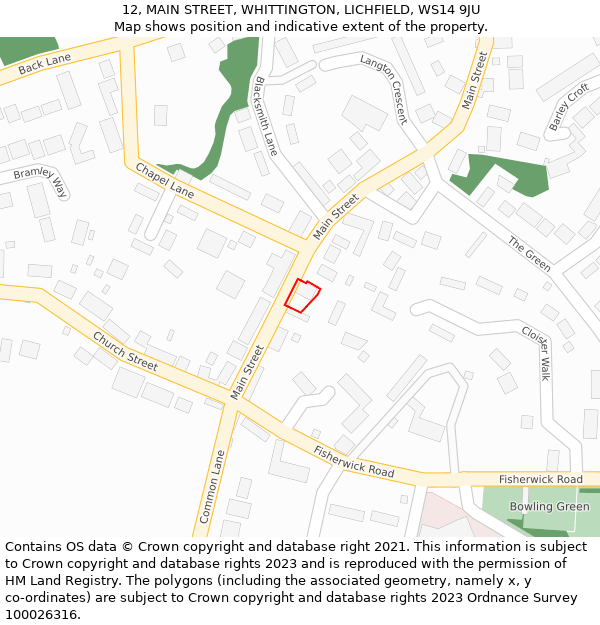 12, MAIN STREET, WHITTINGTON, LICHFIELD, WS14 9JU: Location map and indicative extent of plot