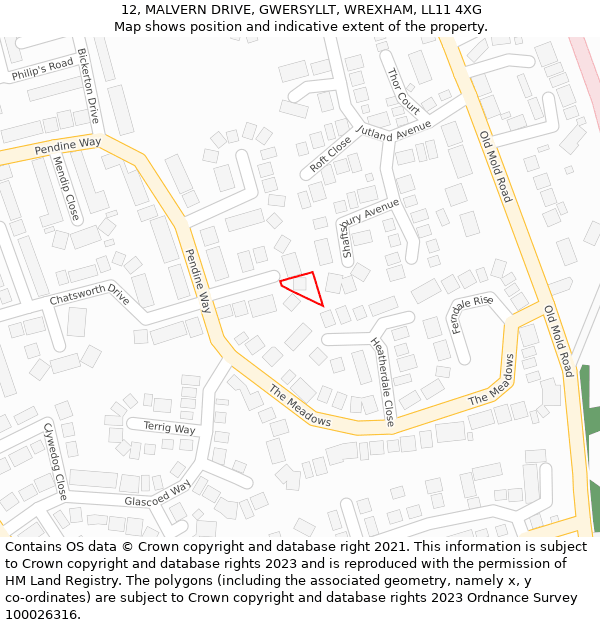 12, MALVERN DRIVE, GWERSYLLT, WREXHAM, LL11 4XG: Location map and indicative extent of plot