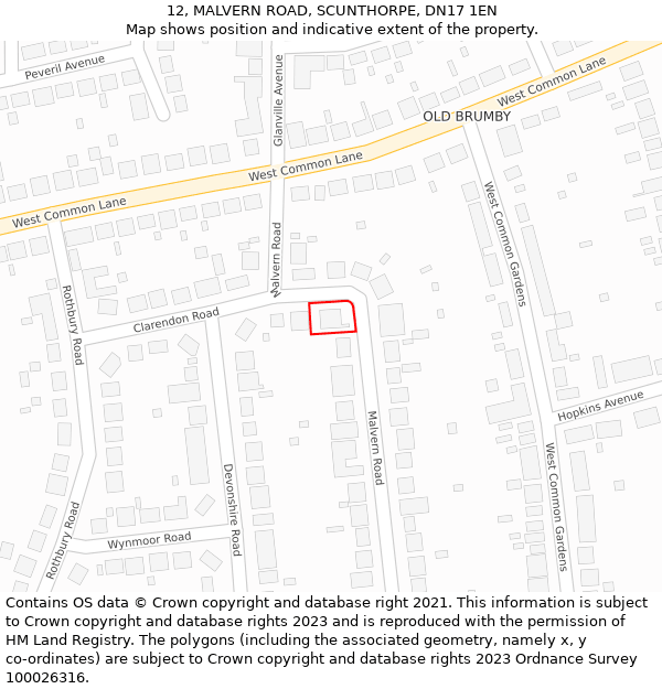 12, MALVERN ROAD, SCUNTHORPE, DN17 1EN: Location map and indicative extent of plot