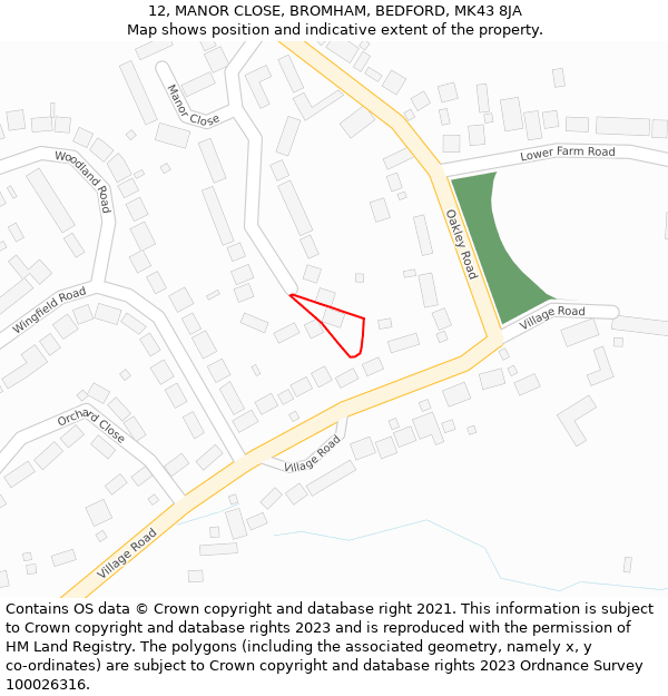 12, MANOR CLOSE, BROMHAM, BEDFORD, MK43 8JA: Location map and indicative extent of plot