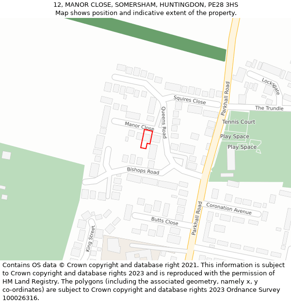 12, MANOR CLOSE, SOMERSHAM, HUNTINGDON, PE28 3HS: Location map and indicative extent of plot