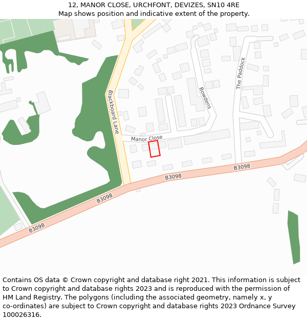 12, MANOR CLOSE, URCHFONT, DEVIZES, SN10 4RE: Location map and indicative extent of plot