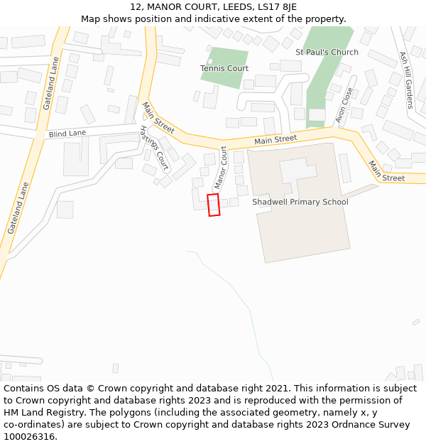12, MANOR COURT, LEEDS, LS17 8JE: Location map and indicative extent of plot