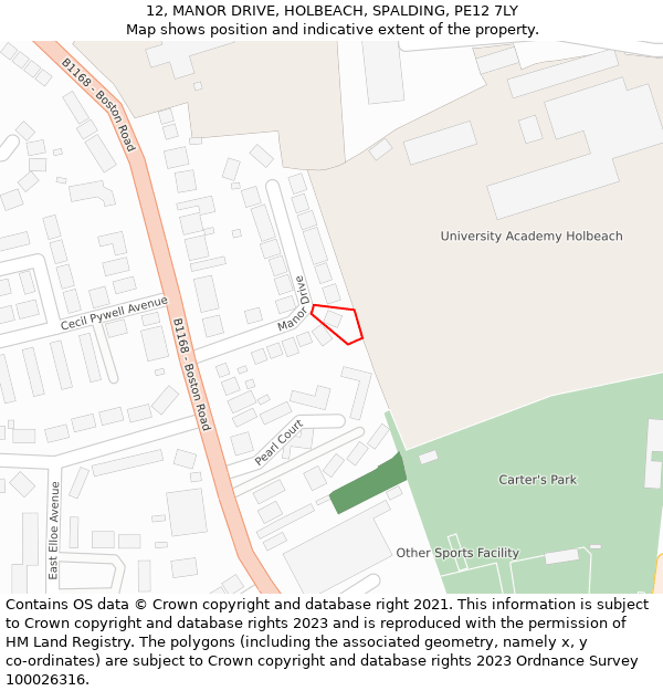 12, MANOR DRIVE, HOLBEACH, SPALDING, PE12 7LY: Location map and indicative extent of plot