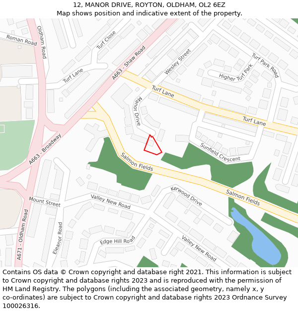 12, MANOR DRIVE, ROYTON, OLDHAM, OL2 6EZ: Location map and indicative extent of plot