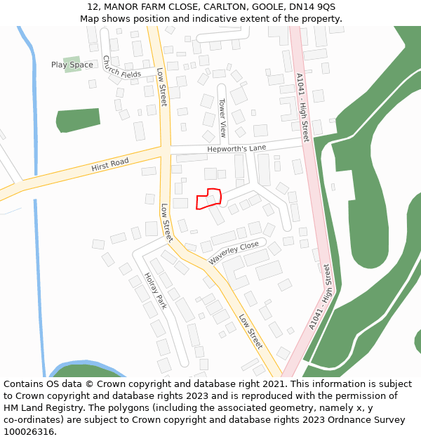 12, MANOR FARM CLOSE, CARLTON, GOOLE, DN14 9QS: Location map and indicative extent of plot