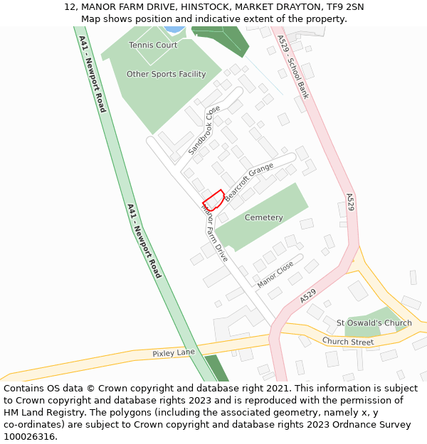 12, MANOR FARM DRIVE, HINSTOCK, MARKET DRAYTON, TF9 2SN: Location map and indicative extent of plot