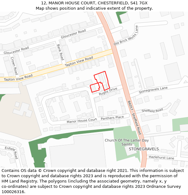 12, MANOR HOUSE COURT, CHESTERFIELD, S41 7GX: Location map and indicative extent of plot