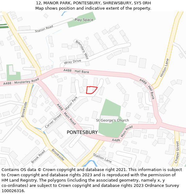 12, MANOR PARK, PONTESBURY, SHREWSBURY, SY5 0RH: Location map and indicative extent of plot