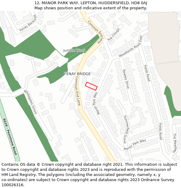 12, MANOR PARK WAY, LEPTON, HUDDERSFIELD, HD8 0AJ: Location map and indicative extent of plot