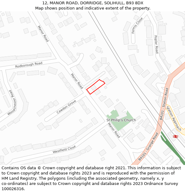 12, MANOR ROAD, DORRIDGE, SOLIHULL, B93 8DX: Location map and indicative extent of plot