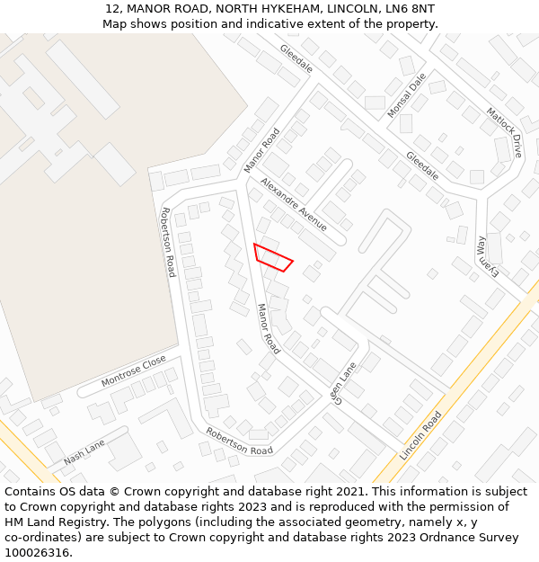 12, MANOR ROAD, NORTH HYKEHAM, LINCOLN, LN6 8NT: Location map and indicative extent of plot