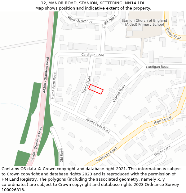 12, MANOR ROAD, STANION, KETTERING, NN14 1DL: Location map and indicative extent of plot