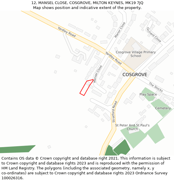 12, MANSEL CLOSE, COSGROVE, MILTON KEYNES, MK19 7JQ: Location map and indicative extent of plot