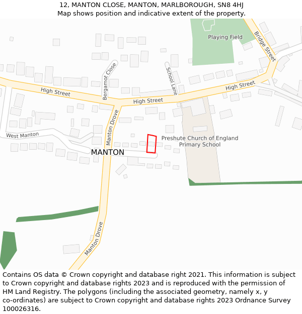 12, MANTON CLOSE, MANTON, MARLBOROUGH, SN8 4HJ: Location map and indicative extent of plot