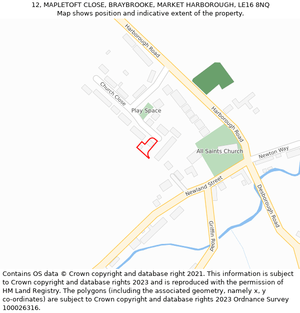 12, MAPLETOFT CLOSE, BRAYBROOKE, MARKET HARBOROUGH, LE16 8NQ: Location map and indicative extent of plot