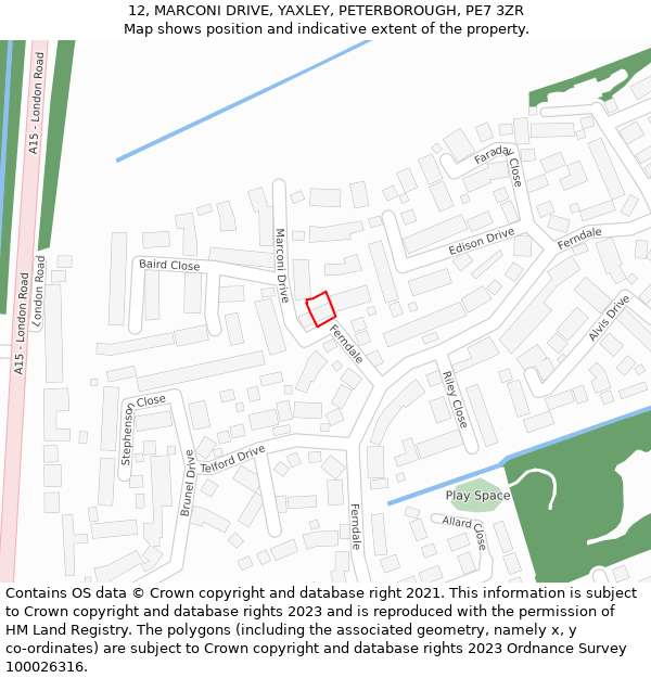 12, MARCONI DRIVE, YAXLEY, PETERBOROUGH, PE7 3ZR: Location map and indicative extent of plot