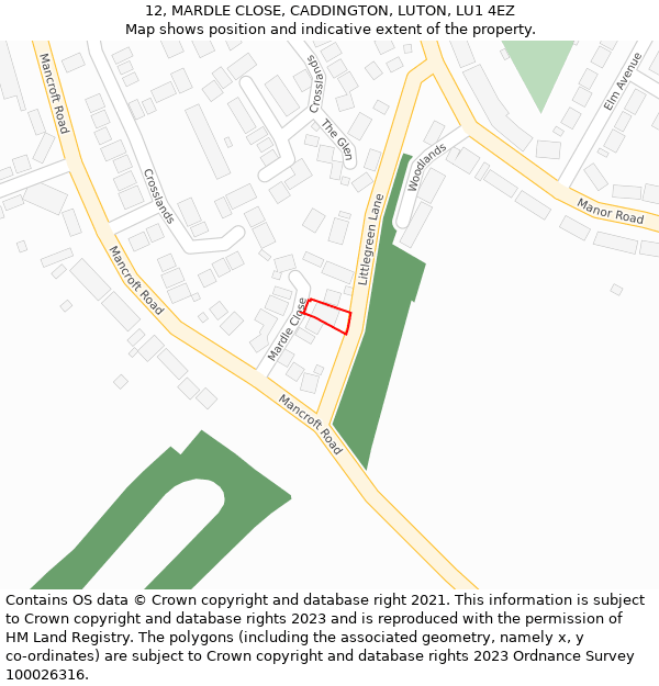 12, MARDLE CLOSE, CADDINGTON, LUTON, LU1 4EZ: Location map and indicative extent of plot