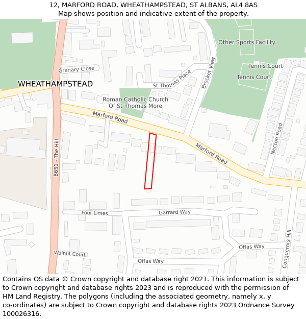 12, MARFORD ROAD, WHEATHAMPSTEAD, ST ALBANS, AL4 8AS: Location map and indicative extent of plot