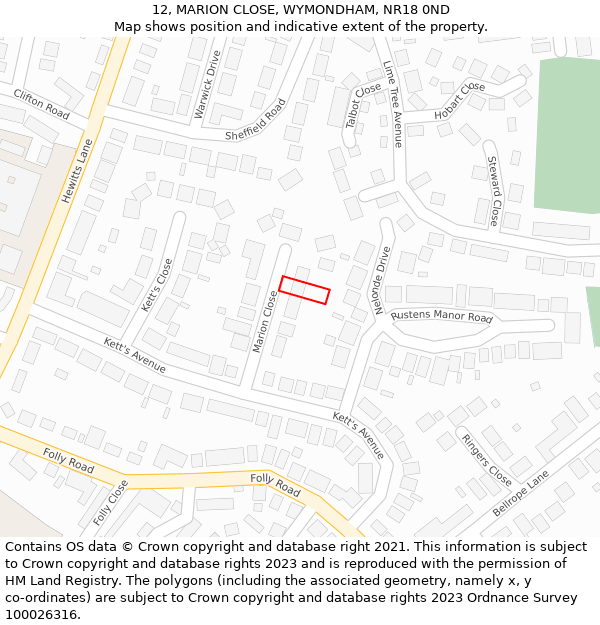 12, MARION CLOSE, WYMONDHAM, NR18 0ND: Location map and indicative extent of plot