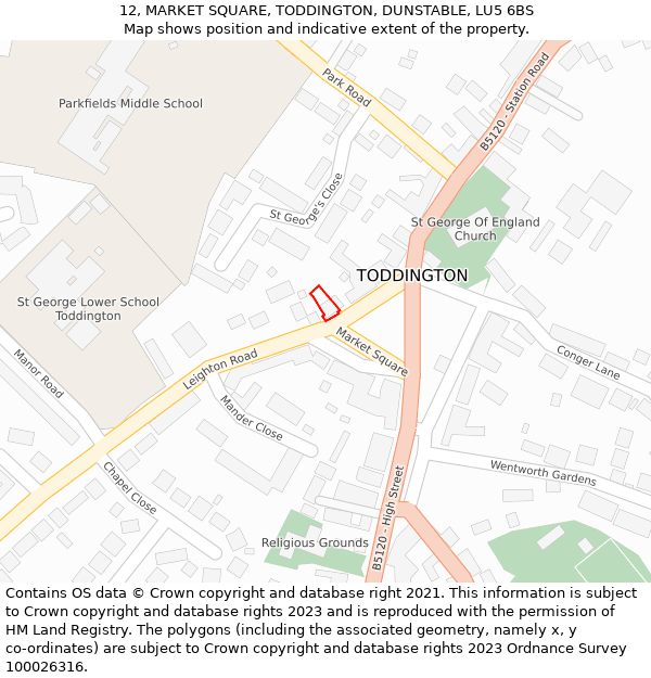 12, MARKET SQUARE, TODDINGTON, DUNSTABLE, LU5 6BS: Location map and indicative extent of plot