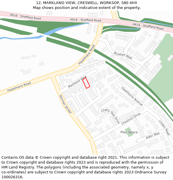 12, MARKLAND VIEW, CRESWELL, WORKSOP, S80 4HX: Location map and indicative extent of plot