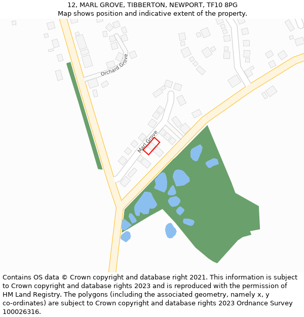 12, MARL GROVE, TIBBERTON, NEWPORT, TF10 8PG: Location map and indicative extent of plot