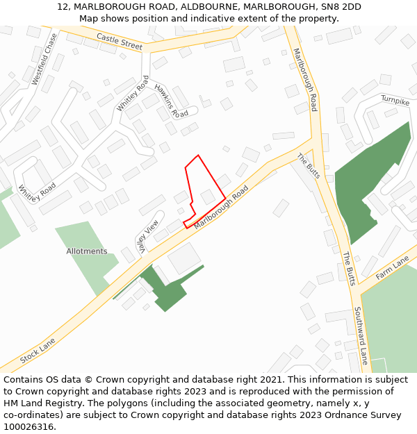 12, MARLBOROUGH ROAD, ALDBOURNE, MARLBOROUGH, SN8 2DD: Location map and indicative extent of plot