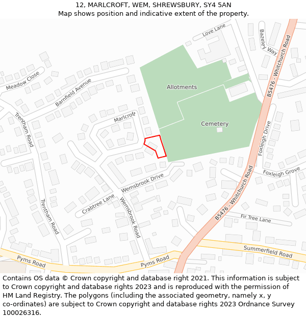 12, MARLCROFT, WEM, SHREWSBURY, SY4 5AN: Location map and indicative extent of plot