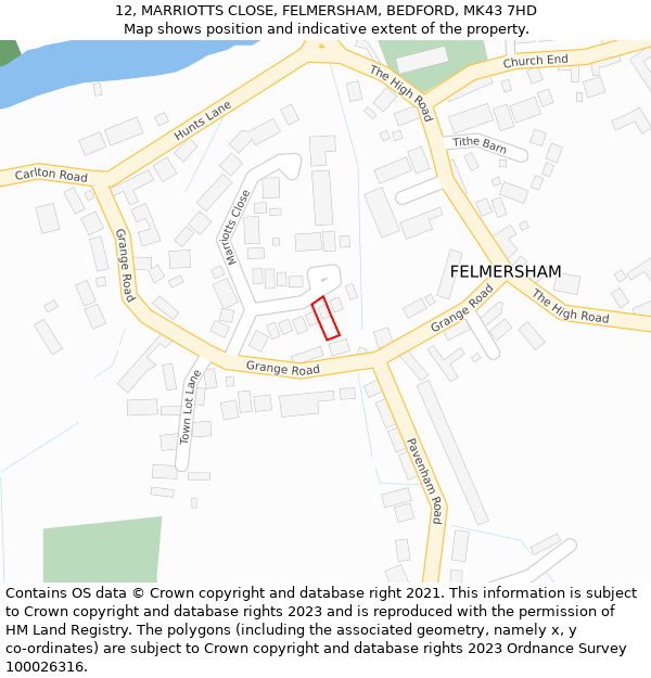 12, MARRIOTTS CLOSE, FELMERSHAM, BEDFORD, MK43 7HD: Location map and indicative extent of plot