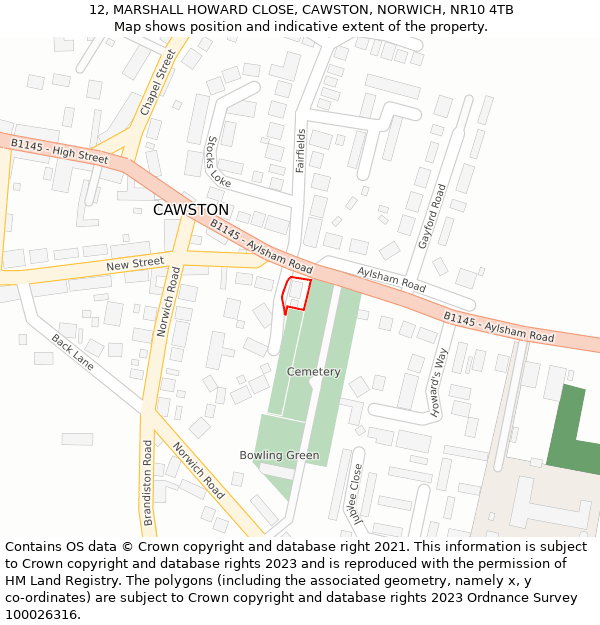 12, MARSHALL HOWARD CLOSE, CAWSTON, NORWICH, NR10 4TB: Location map and indicative extent of plot