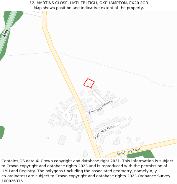 12, MARTINS CLOSE, HATHERLEIGH, OKEHAMPTON, EX20 3GB: Location map and indicative extent of plot