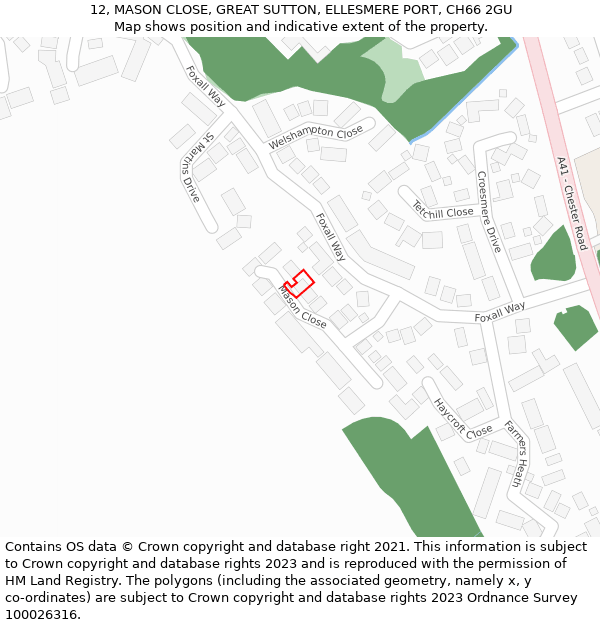 12, MASON CLOSE, GREAT SUTTON, ELLESMERE PORT, CH66 2GU: Location map and indicative extent of plot