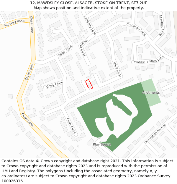 12, MAWDSLEY CLOSE, ALSAGER, STOKE-ON-TRENT, ST7 2UE: Location map and indicative extent of plot