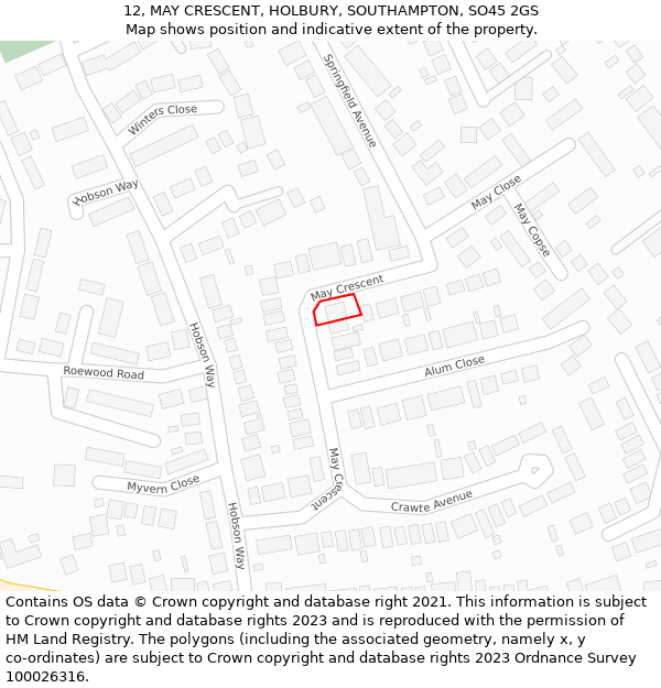 12, MAY CRESCENT, HOLBURY, SOUTHAMPTON, SO45 2GS: Location map and indicative extent of plot