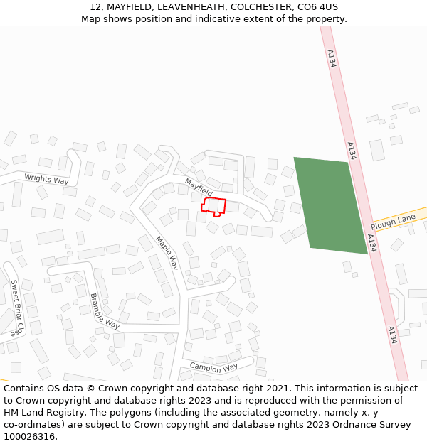 12, MAYFIELD, LEAVENHEATH, COLCHESTER, CO6 4US: Location map and indicative extent of plot