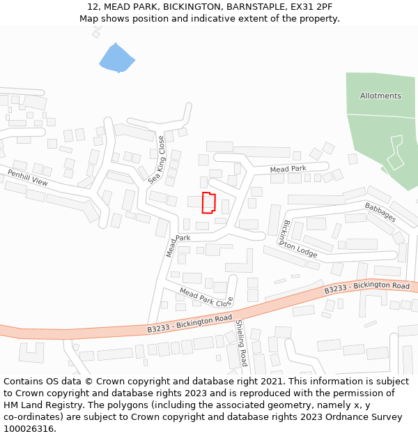 12, MEAD PARK, BICKINGTON, BARNSTAPLE, EX31 2PF: Location map and indicative extent of plot
